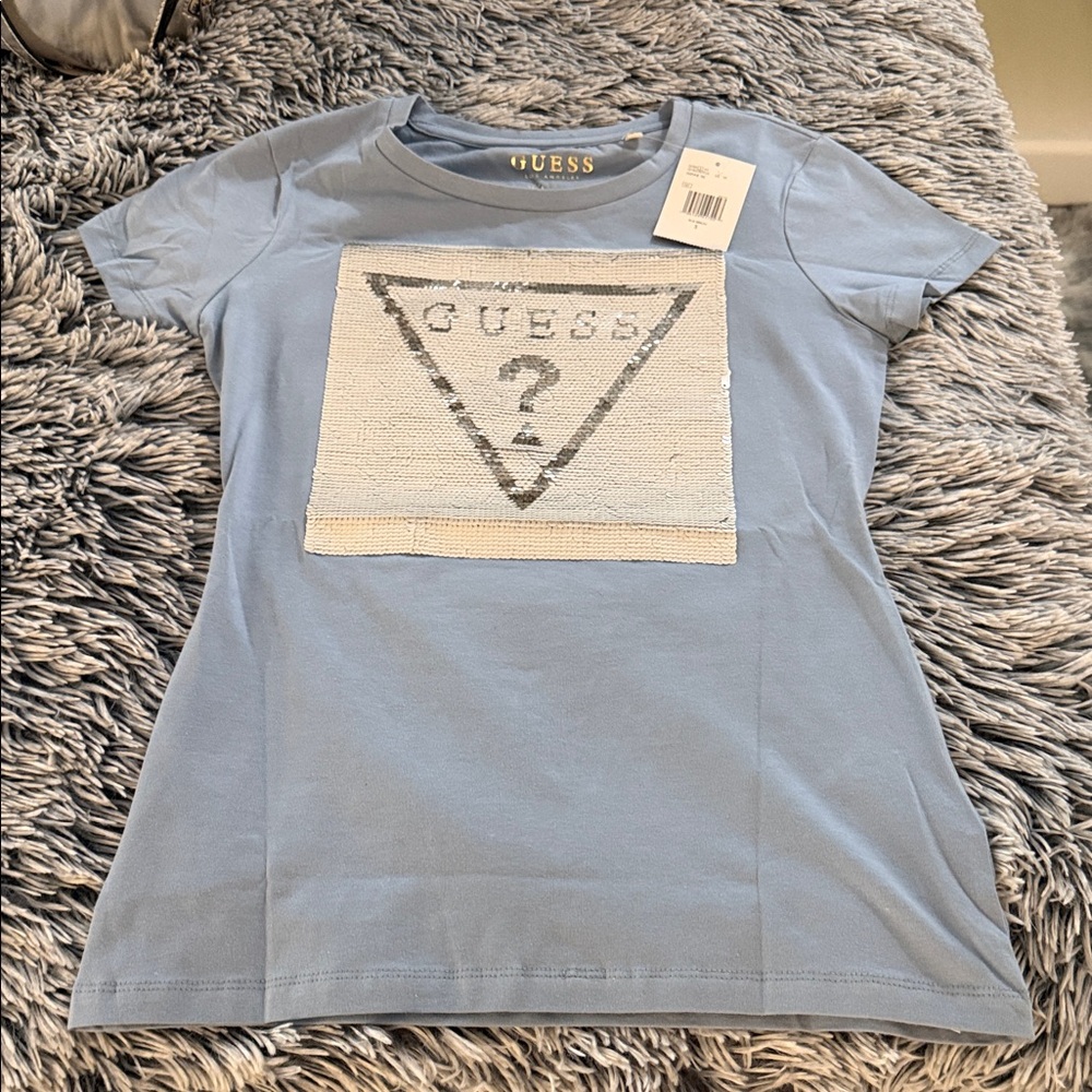 GUESS Women’s Blue sequin Logo crewneck T-Shirt